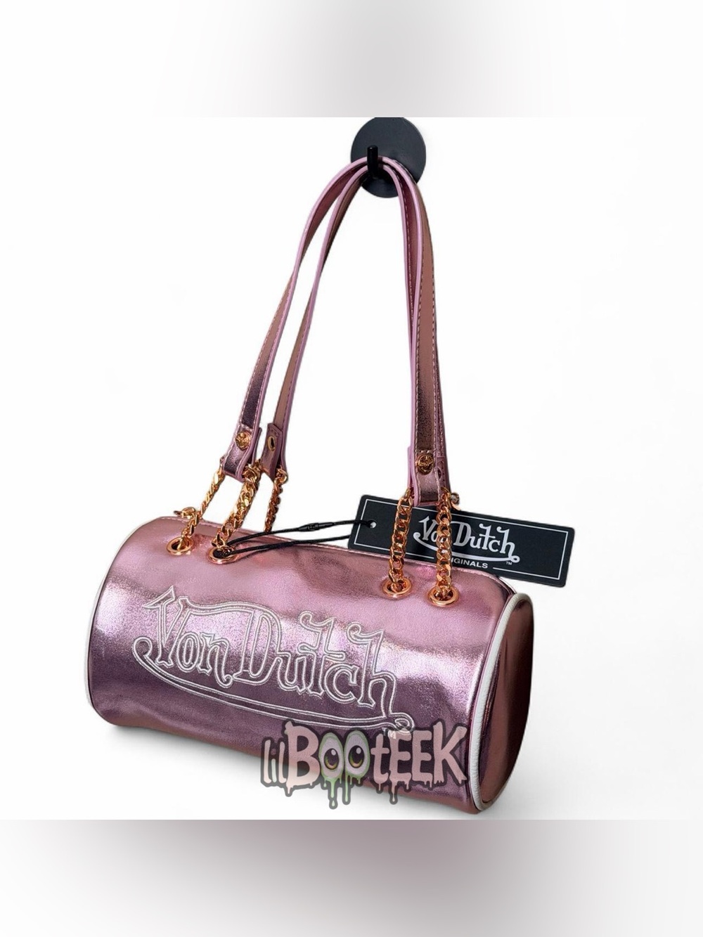 Von Dutch Rose Pink Metallic Barrel Shoulder Bag w Embroidered Logo VIRAL Y2K - Picture 3 of 5